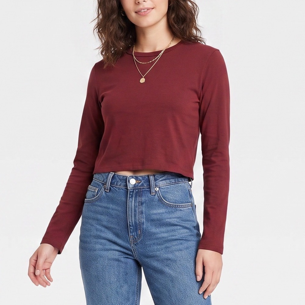 Wild Fable T-Shirt Womens S Cropped Burgundy Long Sleeve Cotton Excellent